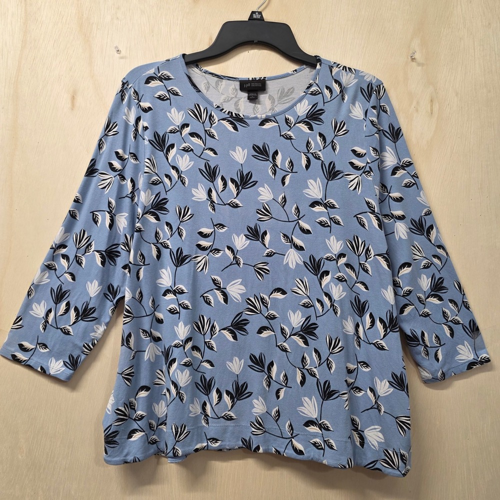 J. Jill Wearever Blue Floral Leaf Print 3/4 Sleeve Scoop Neck Top Large Petite